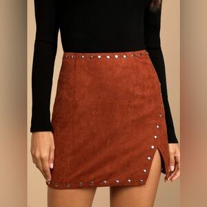 NWT Lulus Fall For It Brown Faux Suede Studded Mini Skirt Size S